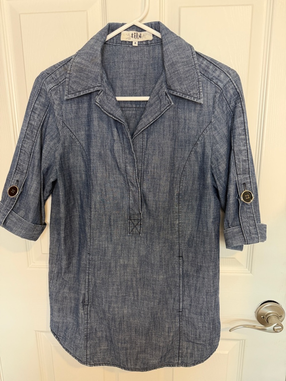 Tibi Chambray Denim Popover Shirt Size 4 Button Sleeve Casual Top front pocket